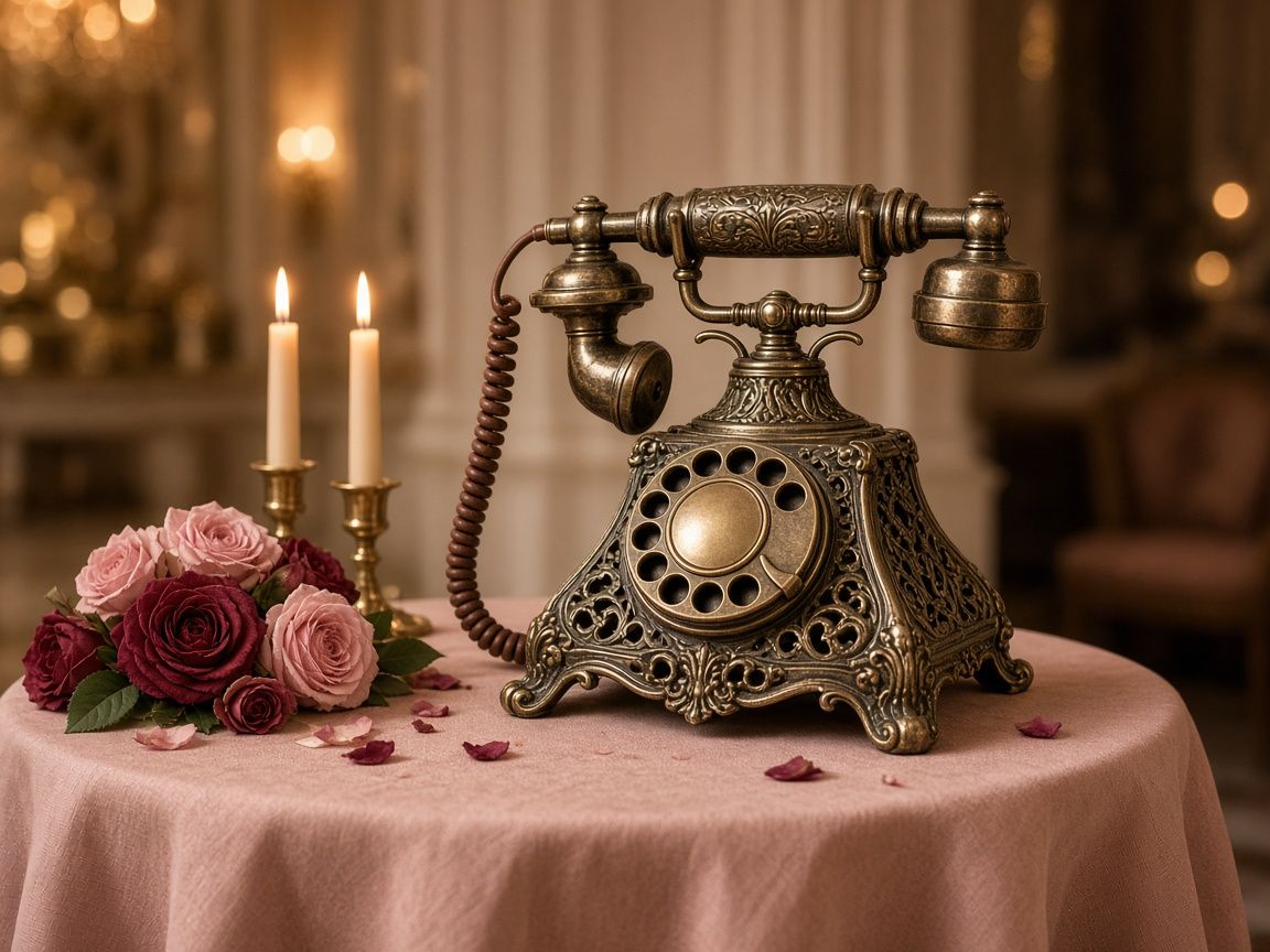 Style example: Antique Bronze vintage rotary phone on a table with roses and candles
