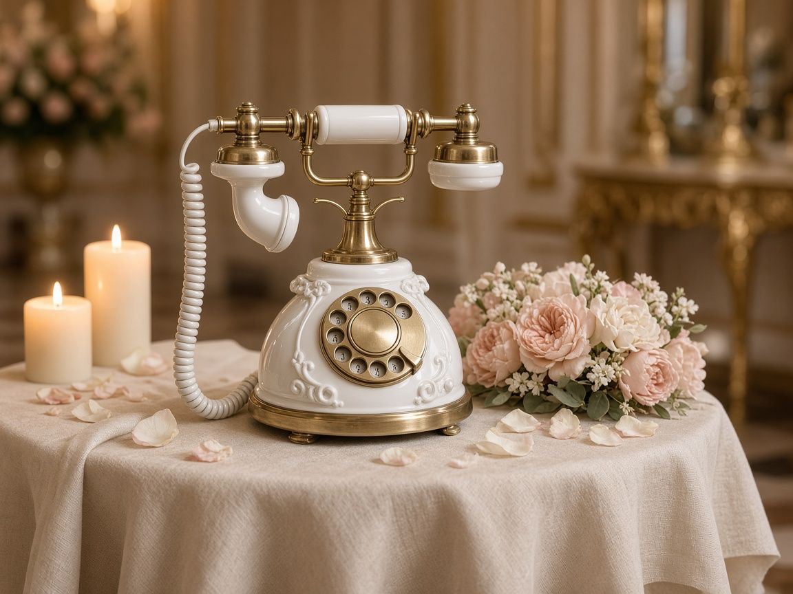 Style example: Antique White vintage rotary phone on a table with roses and candles
